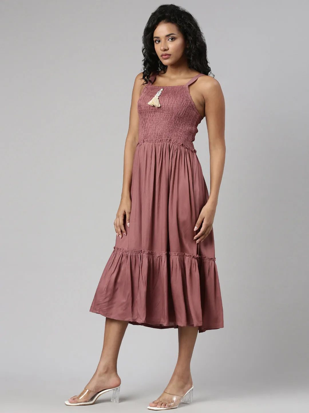 Women Copper Floral Printed Shoulder Straps Fit and Flare Dress