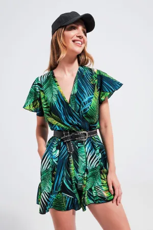 Wrap Jumpsuit In Green Tropical Print