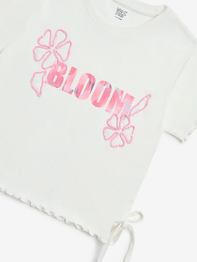 Y&F Kids White Text Printed Cotton-Blend Top