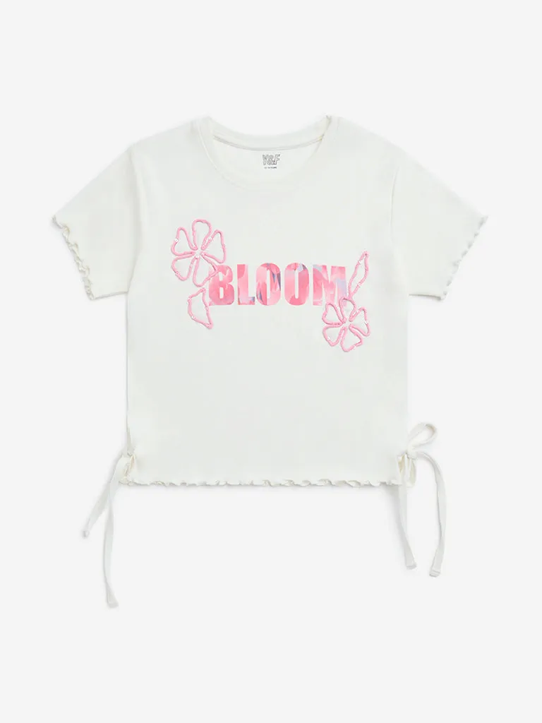Y&F Kids White Text Printed Cotton-Blend Top